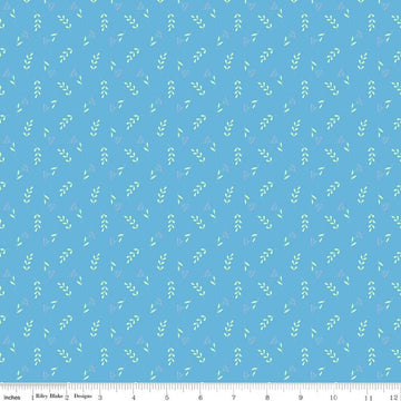 Image of Painted Petals Tossed Stems Blue quilting cotton fabric by Lila Tueller for Riley Blake Designs. Features leaves on a blue background. Cute Little Fabric Shop.