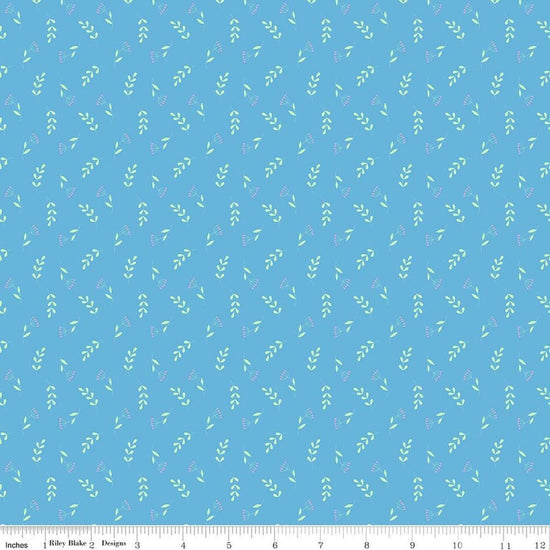 Image of Painted Petals Tossed Stems Blue quilting cotton fabric by Lila Tueller for Riley Blake Designs. Features leaves on a blue background. Cute Little Fabric Shop.