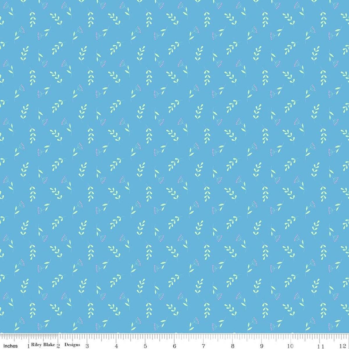 Image of Painted Petals Tossed Stems Blue quilting cotton fabric by Lila Tueller for Riley Blake Designs. Features leaves on a blue background. Cute Little Fabric Shop.