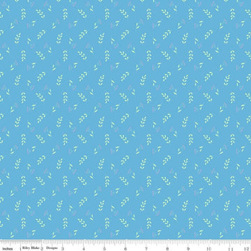 Image of Painted Petals Tossed Stems Blue quilting cotton fabric by Lila Tueller for Riley Blake Designs. Features leaves on a blue background. Cute Little Fabric Shop.