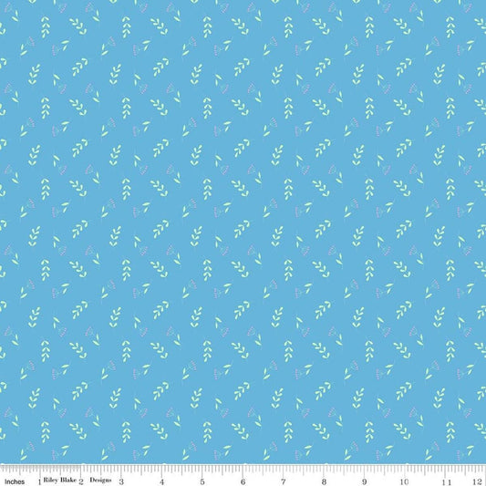 Image of Painted Petals Tossed Stems Blue quilting cotton fabric by Lila Tueller for Riley Blake Designs. Features leaves on a blue background. Cute Little Fabric Shop.