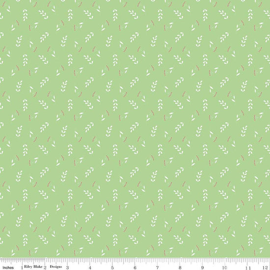 Image of Painted Petals Tossed Stems Green quilting cotton fabric by Lila Tueller for Riley Blake Designs. Features leaves on a green background. Cute Little Fabric Shop.