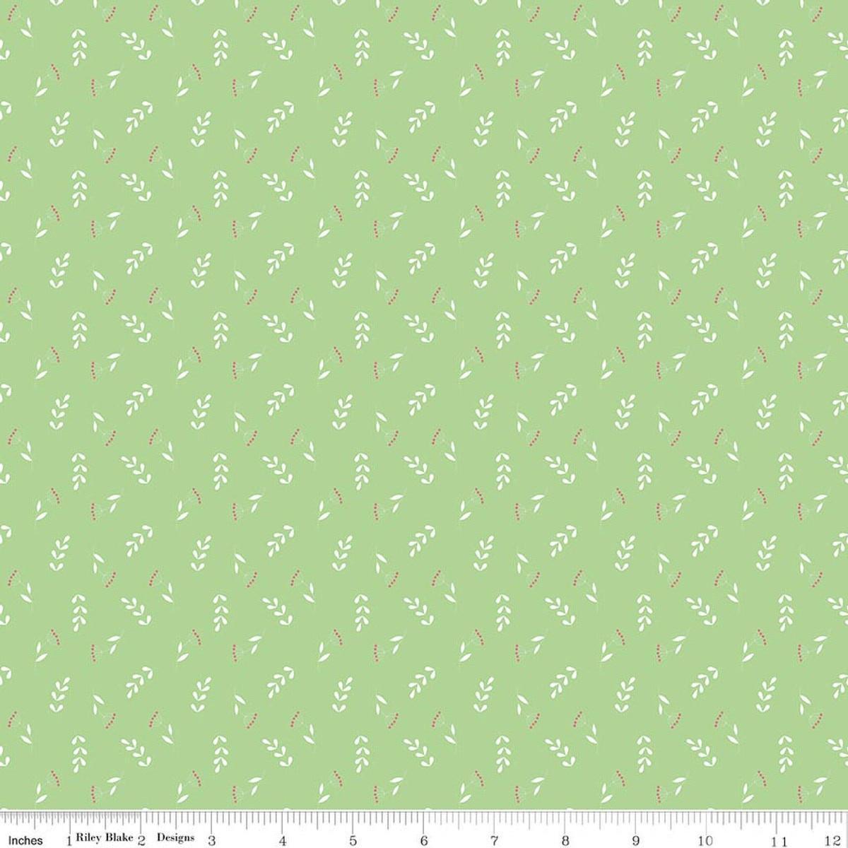 Image of Painted Petals Tossed Stems Green quilting cotton fabric by Lila Tueller for Riley Blake Designs. Features leaves on a green background. Cute Little Fabric Shop.