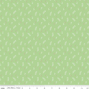 Image of Painted Petals Tossed Stems Green quilting cotton fabric by Lila Tueller for Riley Blake Designs. Features leaves on a green background. Cute Little Fabric Shop.