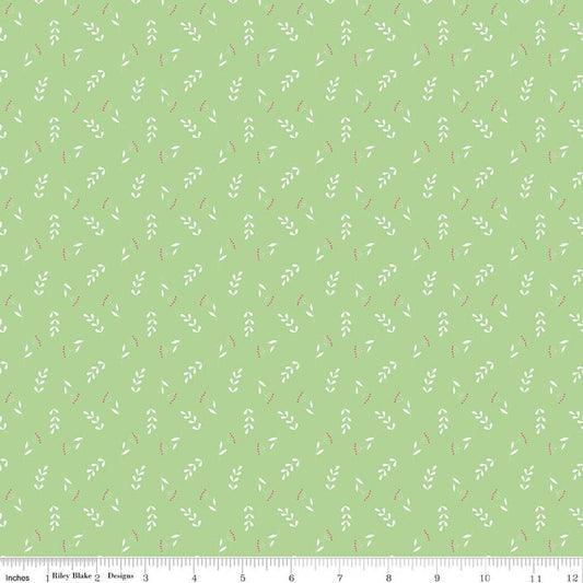 Image of Painted Petals Tossed Stems Green quilting cotton fabric by Lila Tueller for Riley Blake Designs. Features leaves on a green background. Cute Little Fabric Shop.