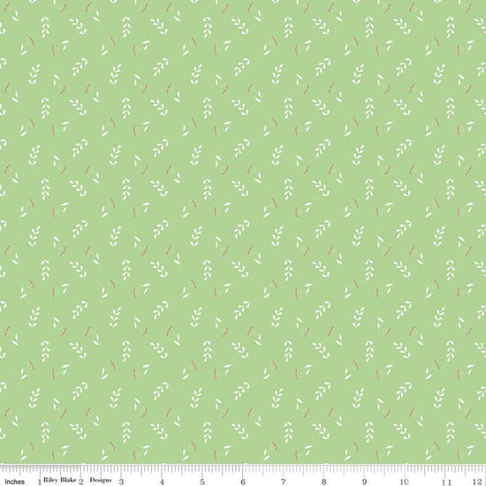 Image of Painted Petals Tossed Stems Green quilting cotton fabric by Lila Tueller for Riley Blake Designs. Features leaves on a green background. Cute Little Fabric Shop.
