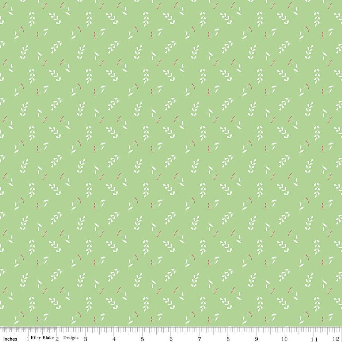 Image of Painted Petals Tossed Stems Green quilting cotton fabric by Lila Tueller for Riley Blake Designs. Features leaves on a green background. Cute Little Fabric Shop.