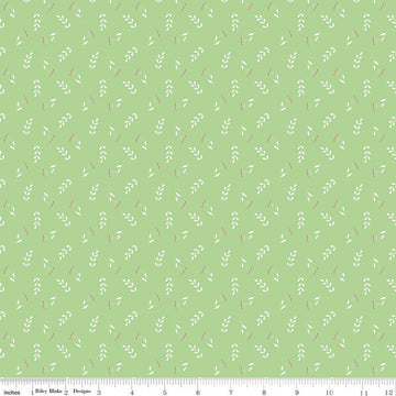 Image of Painted Petals Tossed Stems Green quilting cotton fabric by Lila Tueller for Riley Blake Designs. Features leaves on a green background. Cute Little Fabric Shop.