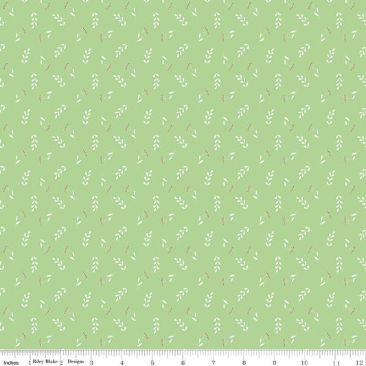Image of Painted Petals Tossed Stems Green quilting cotton fabric by Lila Tueller for Riley Blake Designs. Features leaves on a green background. Cute Little Fabric Shop.