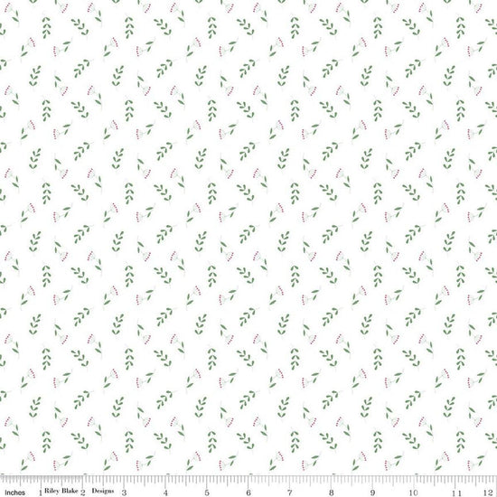 Image of Painted Petals Tossed Stems White quilting cotton fabric by Lila Tueller for Riley Blake Designs. Features leaves on a white background. Cute Little Fabric Shop.