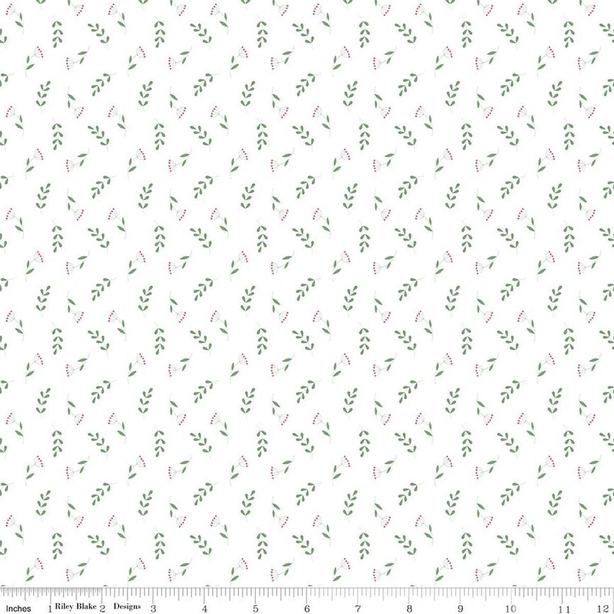 Image of Painted Petals Tossed Stems White quilting cotton fabric by Lila Tueller for Riley Blake Designs. Features leaves on a white background. Cute Little Fabric Shop.