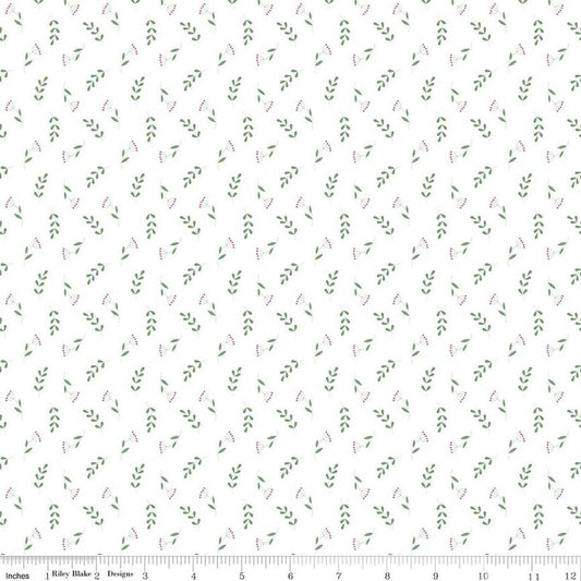 Image of Painted Petals Tossed Stems White quilting cotton fabric by Lila Tueller for Riley Blake Designs. Features leaves on a white background. Cute Little Fabric Shop.