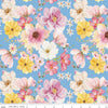 Image of Painted Petals Main Blue quilting cotton fabric by Lila Tueller for Riley Blake Designs. Features flowers on a blue background. Cute Little Fabric Shop.