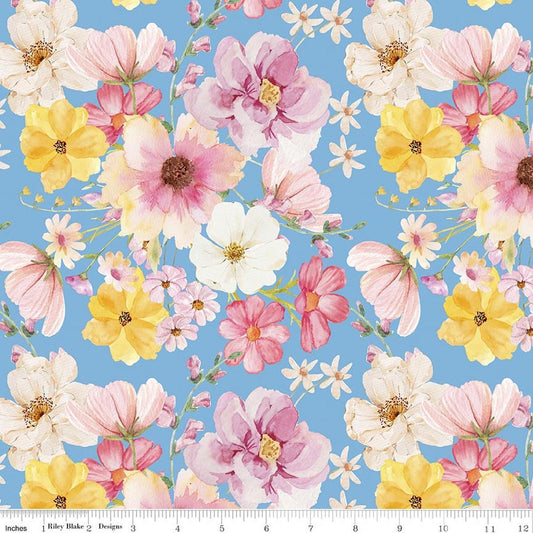 Image of Painted Petals Main Blue quilting cotton fabric by Lila Tueller for Riley Blake Designs. Features flowers on a blue background. Cute Little Fabric Shop.
