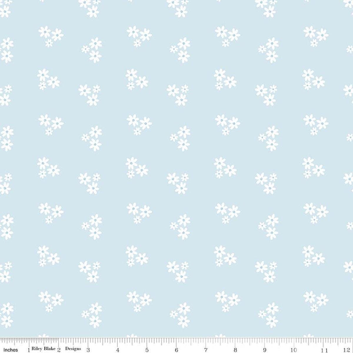Image of Firework Fields Floral Light Blue quilting cotton fabric by Gracey Larson for Riley Blake Designs. Features flowers on a blue background. Cute Little Fabric Shop.