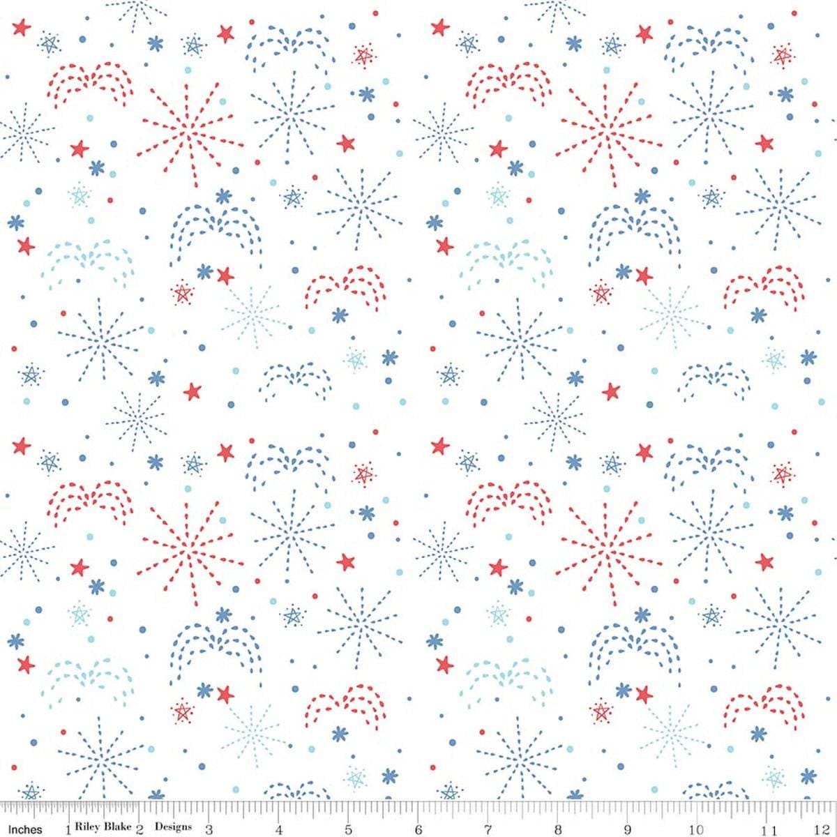 Image of Firework Fields Fireworks White quilting cotton fabric by Gracey Larson for Riley Blake Designs. Features fireworks on a white background. Cute Little Fabric Shop.