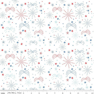 Image of Firework Fields Fireworks White quilting cotton fabric by Gracey Larson for Riley Blake Designs. Features fireworks on a white background. Cute Little Fabric Shop.
