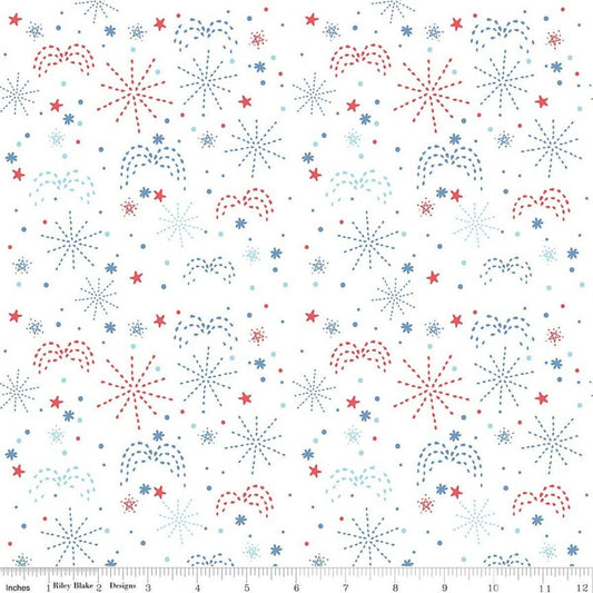 Image of Firework Fields Fireworks White quilting cotton fabric by Gracey Larson for Riley Blake Designs. Features fireworks on a white background. Cute Little Fabric Shop.