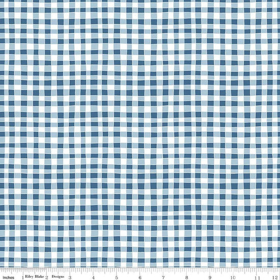 Image of Firework Fields Gingham Blue quilting cotton fabric by Gracey Larson for Riley Blake Designs. Features gingham on a blue background. Cute Little Fabric Shop.