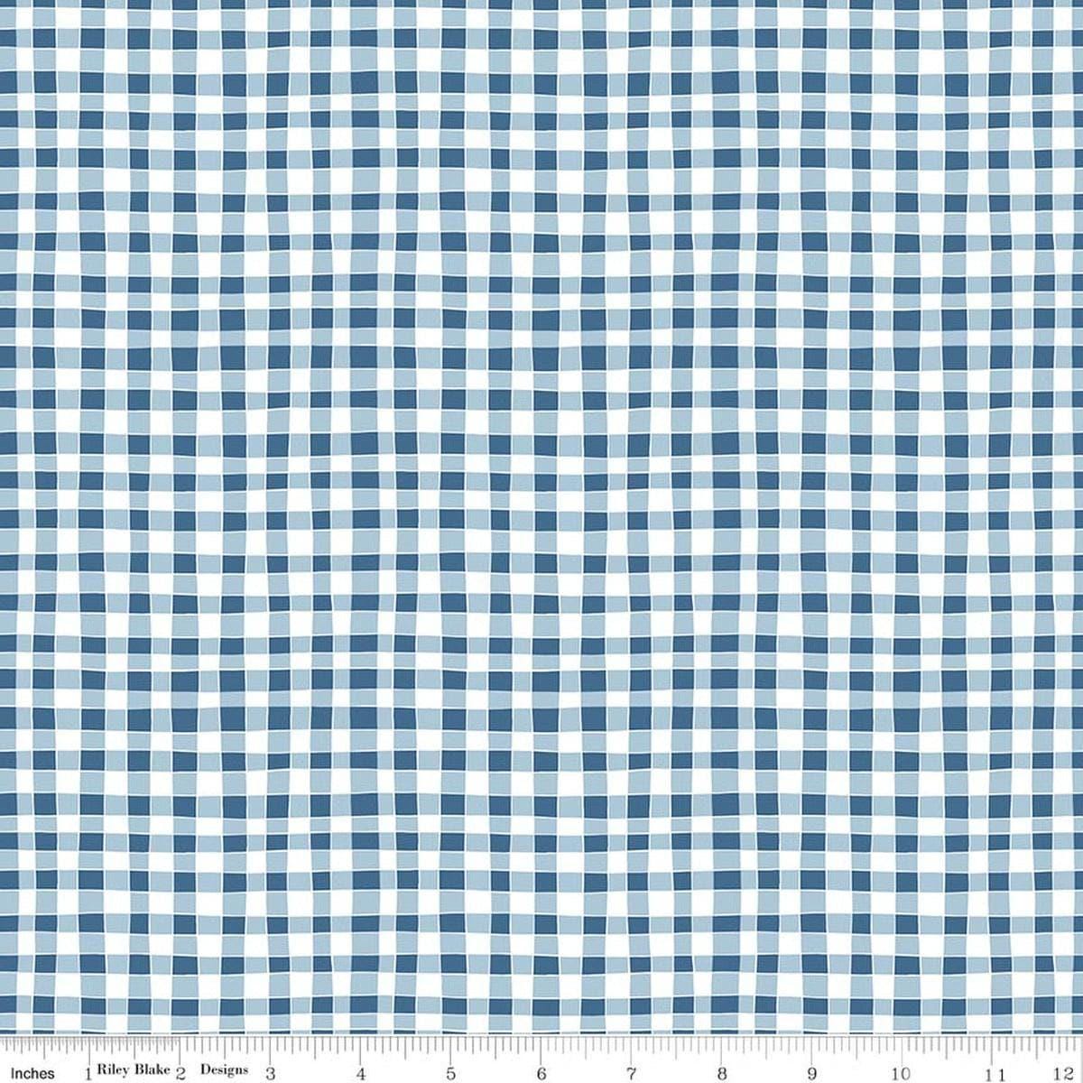 Image of Firework Fields Gingham Blue quilting cotton fabric by Gracey Larson for Riley Blake Designs. Features gingham on a blue background. Cute Little Fabric Shop.