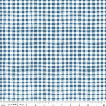 Image of Firework Fields Gingham Blue quilting cotton fabric by Gracey Larson for Riley Blake Designs. Features gingham on a blue background. Cute Little Fabric Shop.