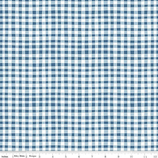 Image of Firework Fields Gingham Blue quilting cotton fabric by Gracey Larson for Riley Blake Designs. Features gingham on a blue background. Cute Little Fabric Shop.
