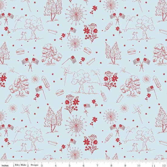 Image of Firework Fields Independence Toile Light Blue quilting cotton fabric by Gracey Larson for Riley Blake Designs. Features nature on a blue background. Cute Little Fabric Shop.