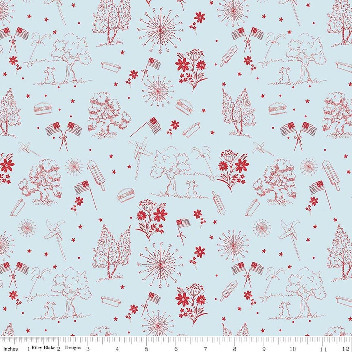 Image of Firework Fields Independence Toile Light Blue quilting cotton fabric by Gracey Larson for Riley Blake Designs. Features nature on a blue background. Cute Little Fabric Shop.