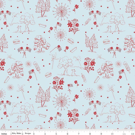 Image of Firework Fields Independence Toile Light Blue quilting cotton fabric by Gracey Larson for Riley Blake Designs. Features nature on a blue background. Cute Little Fabric Shop.