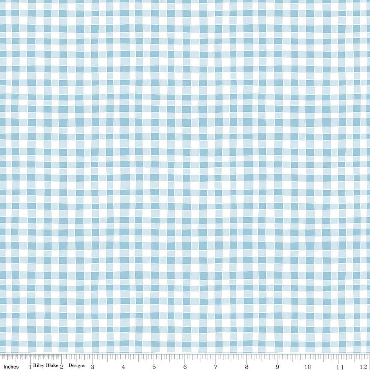 Image of Firework Fields Gingham Light Blue quilting cotton fabric by Gracey Larson for Riley Blake Designs. Features gingham on a blue background. Cute Little Fabric Shop.