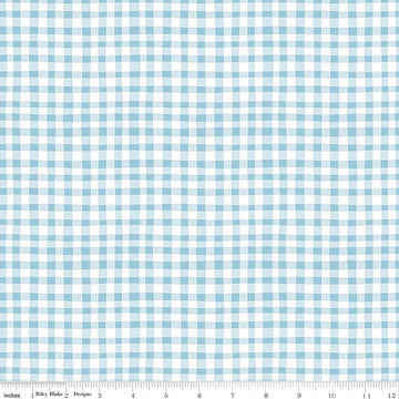 Image of Firework Fields Gingham Light Blue quilting cotton fabric by Gracey Larson for Riley Blake Designs. Features gingham on a blue background. Cute Little Fabric Shop.