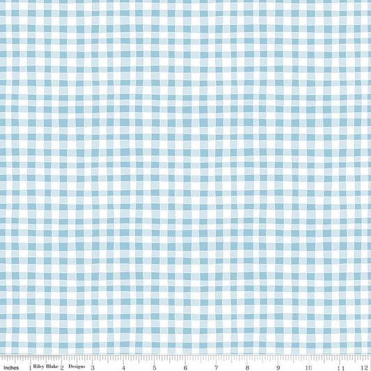 Image of Firework Fields Gingham Light Blue quilting cotton fabric by Gracey Larson for Riley Blake Designs. Features gingham on a blue background. Cute Little Fabric Shop.