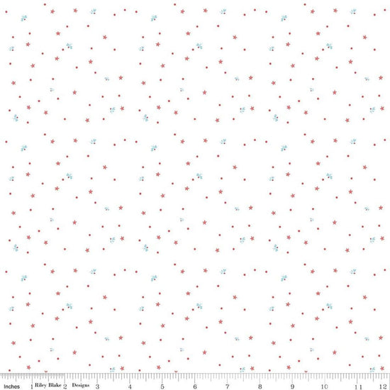 Image of Firework Fields Fireflies White quilting cotton fabric by Gracey Larson for Riley Blake Designs. Features dots on a white background. Cute Little Fabric Shop.