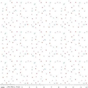 Image of Firework Fields Fireflies White quilting cotton fabric by Gracey Larson for Riley Blake Designs. Features dots on a white background. Cute Little Fabric Shop.