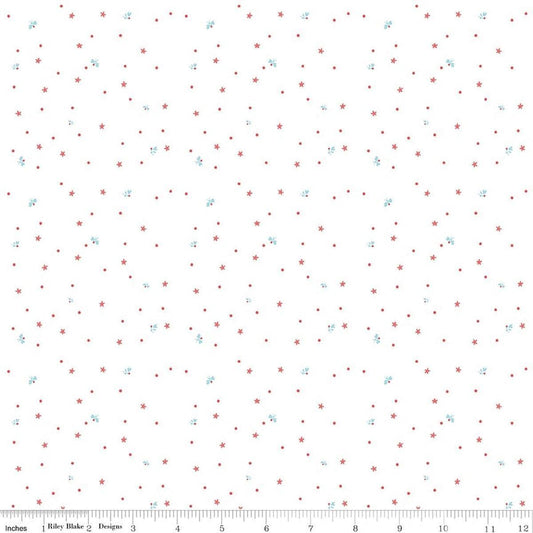 Image of Firework Fields Fireflies White quilting cotton fabric by Gracey Larson for Riley Blake Designs. Features dots on a white background. Cute Little Fabric Shop.