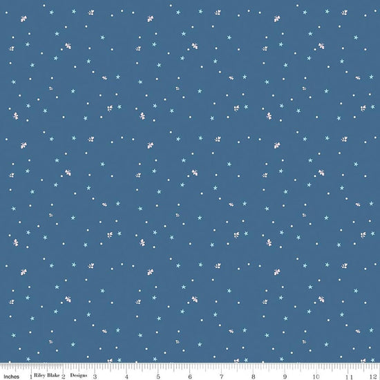Image of Firework Fields Fireflies Coastal Blue quilting cotton fabric by Gracey Larson for Riley Blake Designs. Features dots on a blue background. Cute Little Fabric Shop.