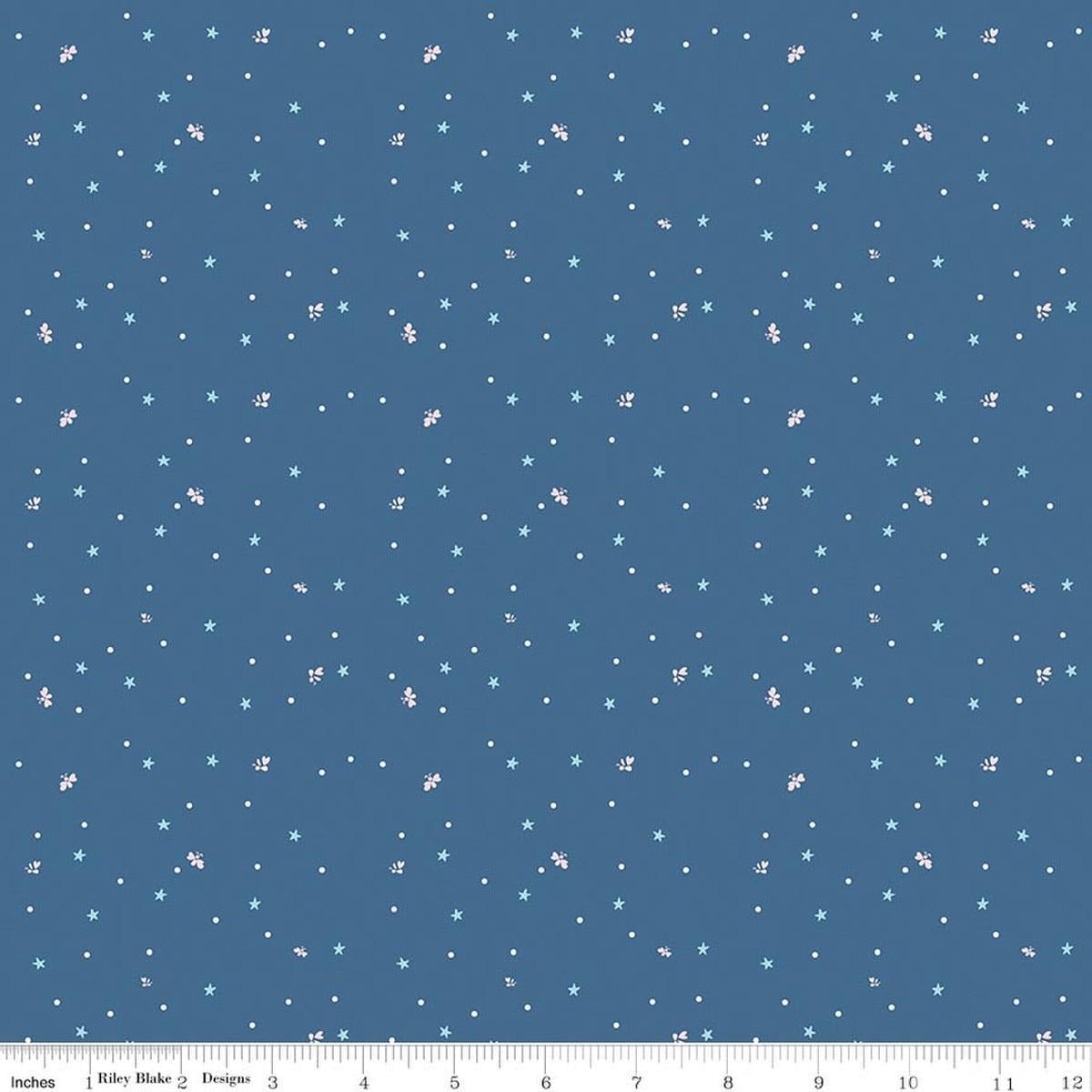 Image of Firework Fields Fireflies Coastal Blue quilting cotton fabric by Gracey Larson for Riley Blake Designs. Features dots on a blue background. Cute Little Fabric Shop.
