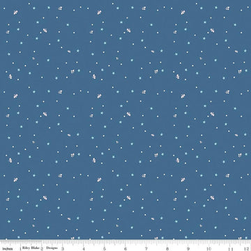 Image of Firework Fields Fireflies Coastal Blue quilting cotton fabric by Gracey Larson for Riley Blake Designs. Features dots on a blue background. Cute Little Fabric Shop.