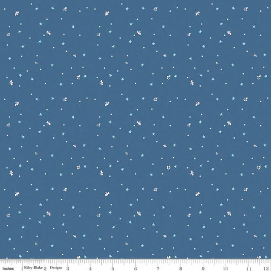 Image of Firework Fields Fireflies Coastal Blue quilting cotton fabric by Gracey Larson for Riley Blake Designs. Features dots on a blue background. Cute Little Fabric Shop.