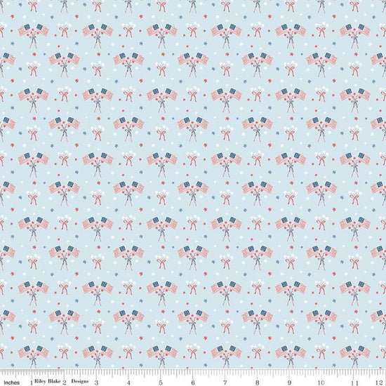 Image of Firework Fields Flags Light Blue quilting cotton fabric by Gracey Larson for Riley Blake Designs. Features american flags on a blue background. Cute Little Fabric Shop.