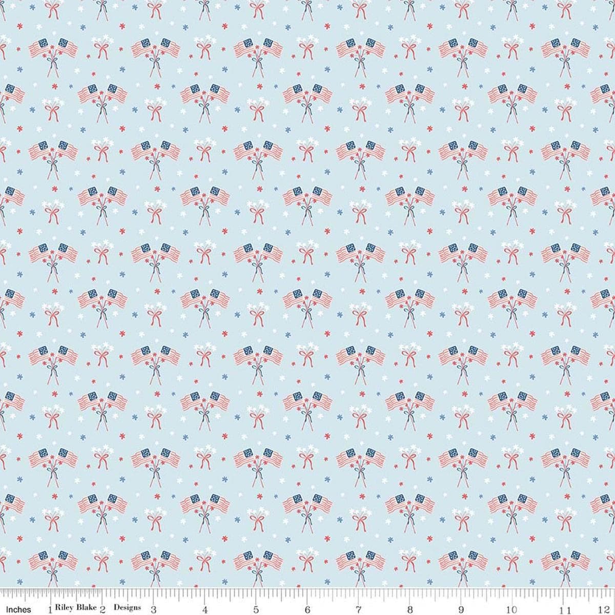 Image of Firework Fields Flags Light Blue quilting cotton fabric by Gracey Larson for Riley Blake Designs. Features american flags on a blue background. Cute Little Fabric Shop.