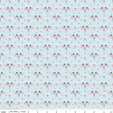 Image of Firework Fields Flags Light Blue quilting cotton fabric by Gracey Larson for Riley Blake Designs. Features american flags on a blue background. Cute Little Fabric Shop.