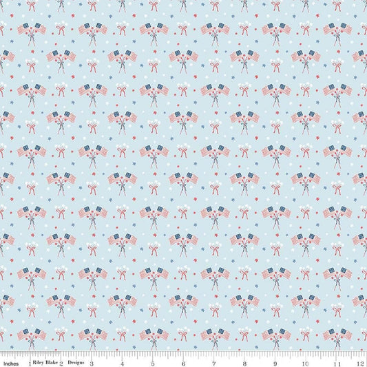 Image of Firework Fields Flags Light Blue quilting cotton fabric by Gracey Larson for Riley Blake Designs. Features american flags on a blue background. Cute Little Fabric Shop.