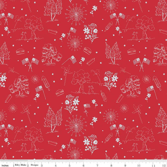 Image of Firework Fields Independence Toile Red quilting cotton fabric by Gracey Larson for Riley Blake Designs. Features nature on a red background. Cute Little Fabric Shop.