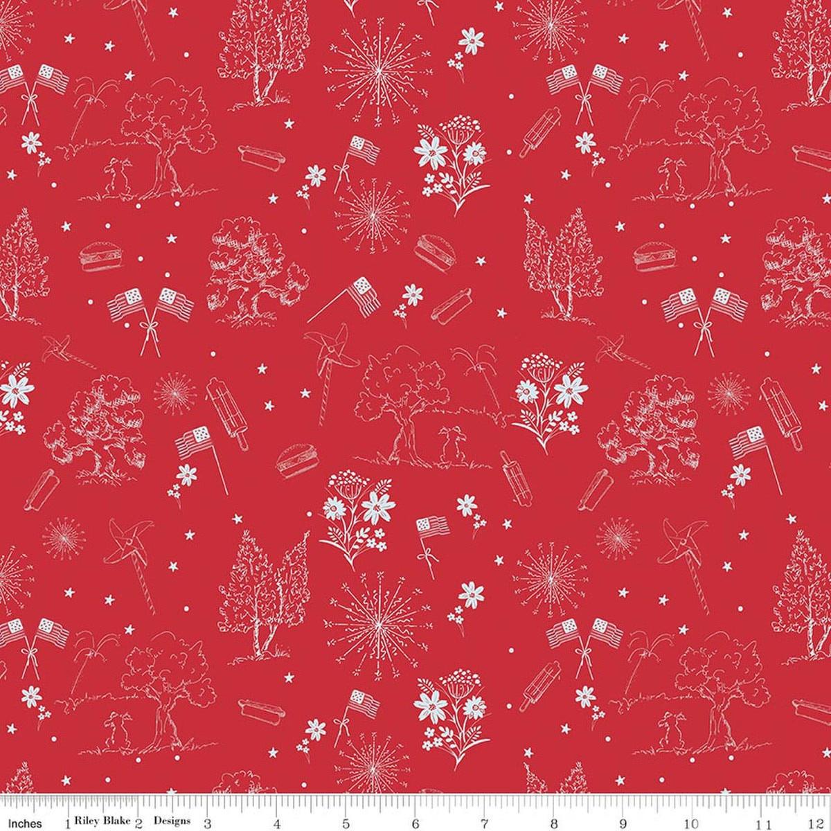 Image of Firework Fields Independence Toile Red quilting cotton fabric by Gracey Larson for Riley Blake Designs. Features nature on a red background. Cute Little Fabric Shop.