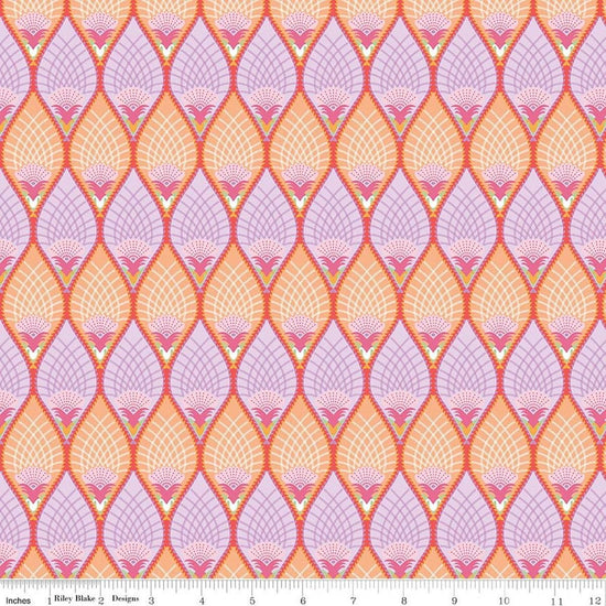 Image of Flourish Pineapple Lilac quilting cotton fabric by Sue Daley for Riley Blake Designs. Features a geometric pattern on a yellow and purple background. Cute Little Fabric Shop.