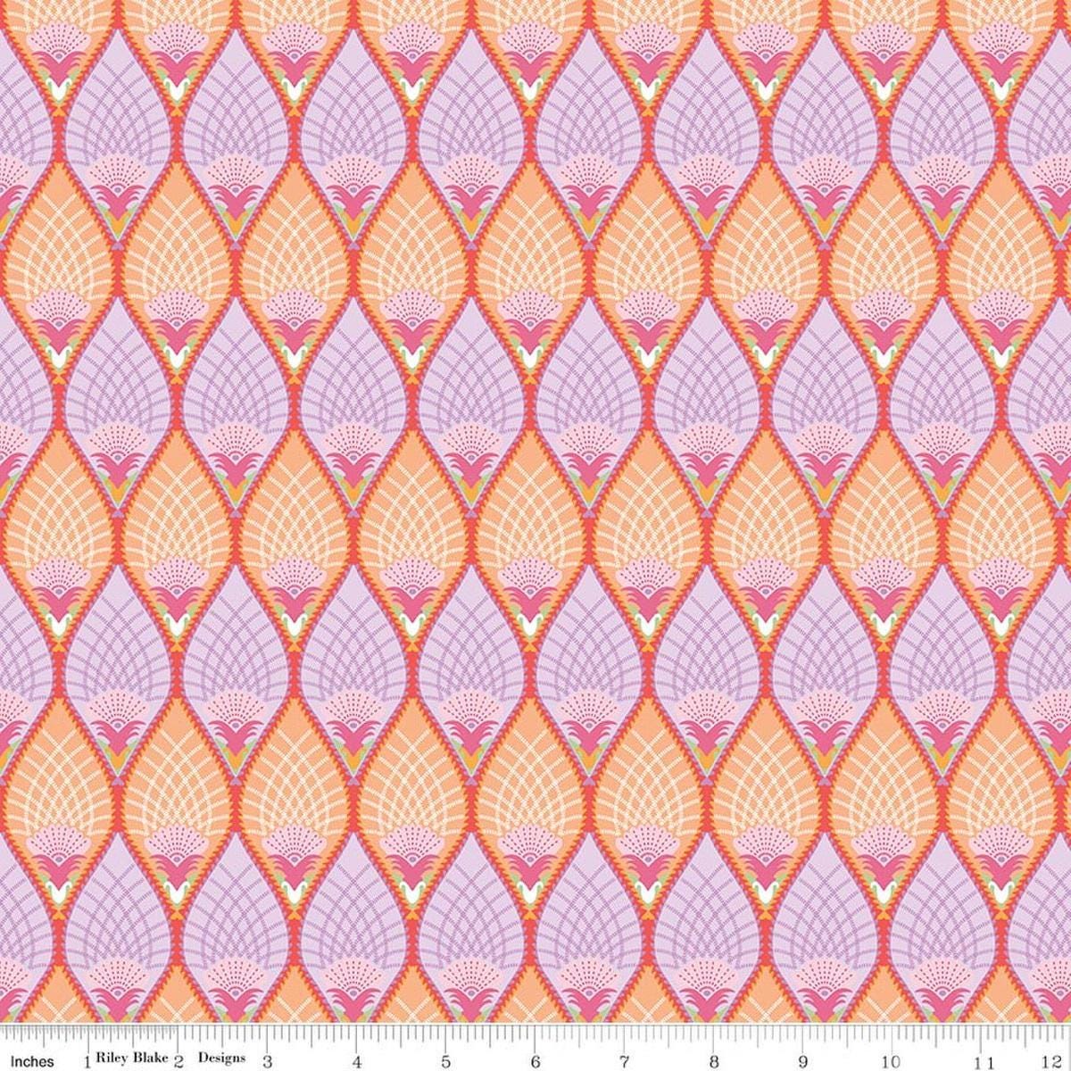 Image of Flourish Pineapple Lilac quilting cotton fabric by Sue Daley for Riley Blake Designs. Features a geometric pattern on a yellow and purple background. Cute Little Fabric Shop.