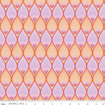 Image of Flourish Pineapple Lilac quilting cotton fabric by Sue Daley for Riley Blake Designs. Features a geometric pattern on a yellow and purple background. Cute Little Fabric Shop.