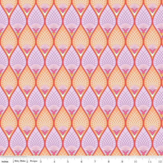 Image of Flourish Pineapple Lilac quilting cotton fabric by Sue Daley for Riley Blake Designs. Features a geometric pattern on a yellow and purple background. Cute Little Fabric Shop.