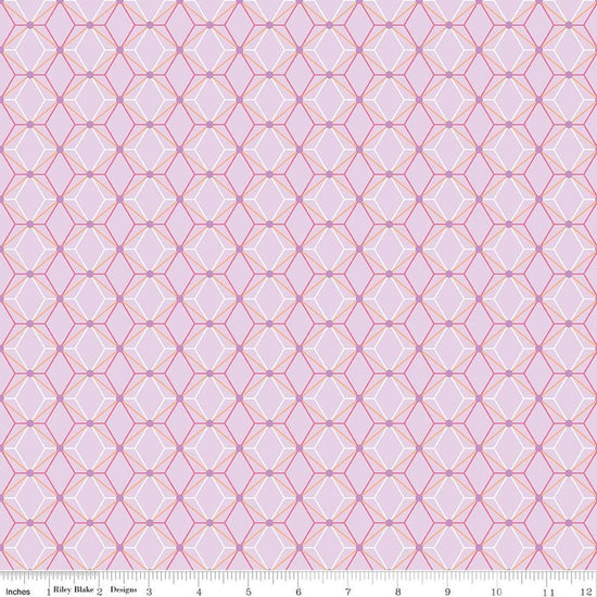Image of Flourish Geometric Lilac quilting cotton fabric by Sue Daley for Riley Blake Designs. Features a geometric pattern on a purple background. Cute Little Fabric Shop.